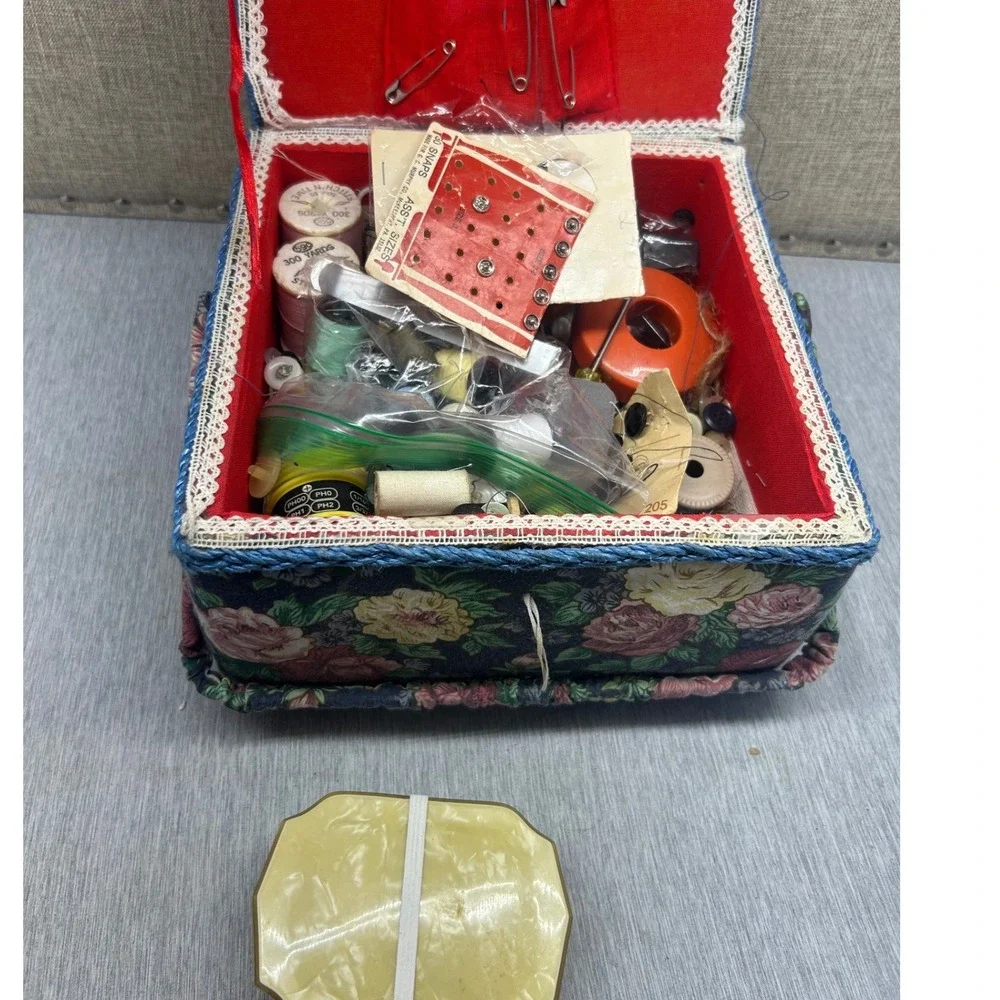 Vintage‎ Floral Sewing Basket with Handle Red Lace Interior and Sewing Notions